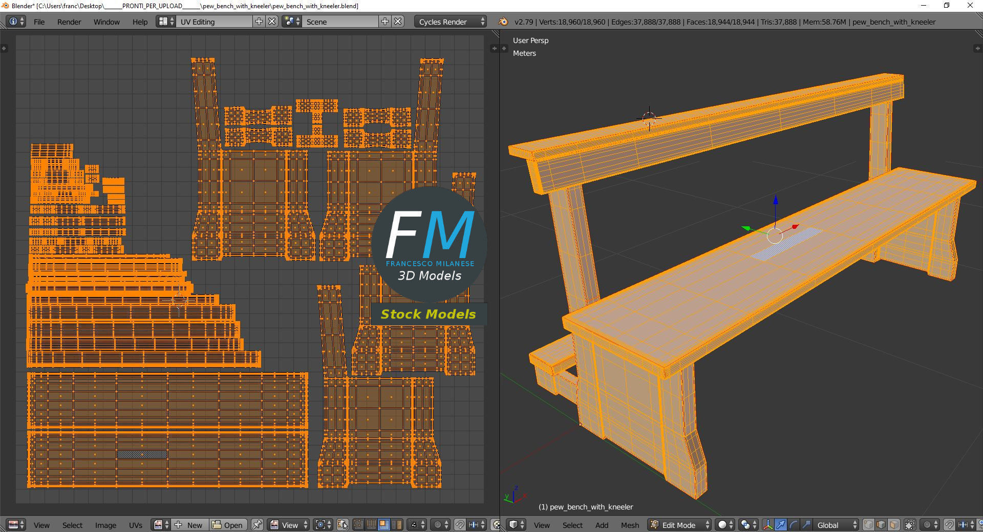 Pew bench with kneeler 3D model_10