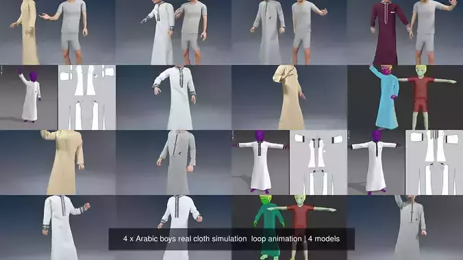 4 x Arabic boys real cloth simulation  loop animation