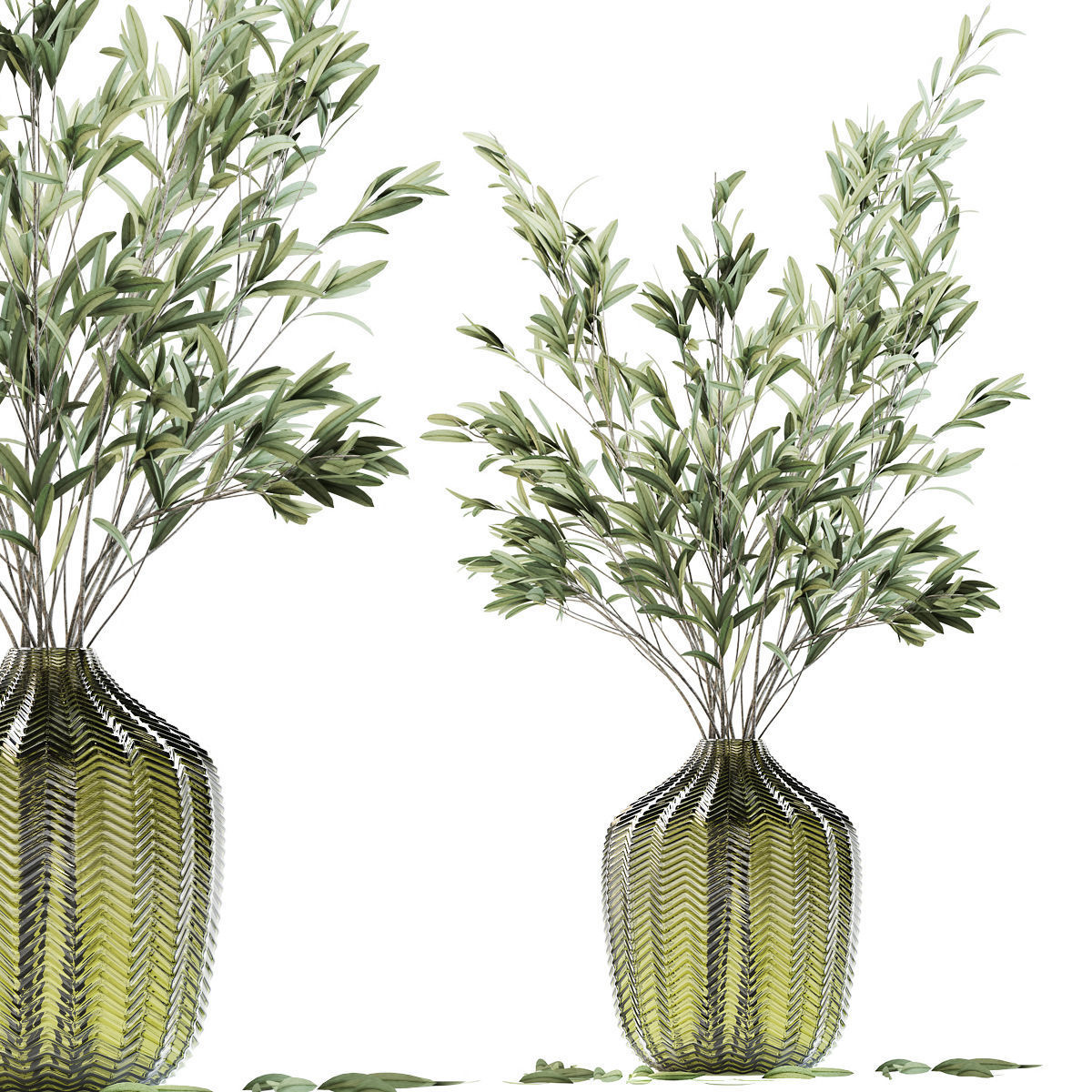Olive stems in green glass vase 3D model_1