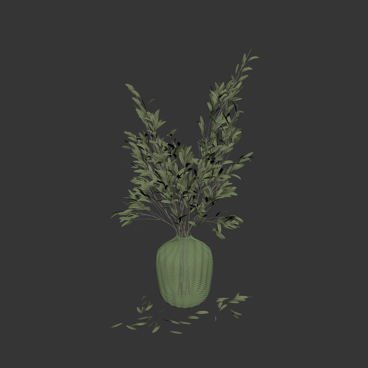 Olive stems in green glass vase 3D model_6