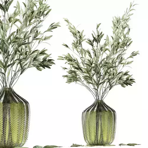 Olive stems in green glass vase 3D model
