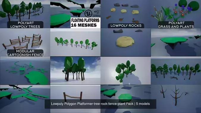 Lowpoly Polygon Platformer-tree-rock-fence-plant Pack