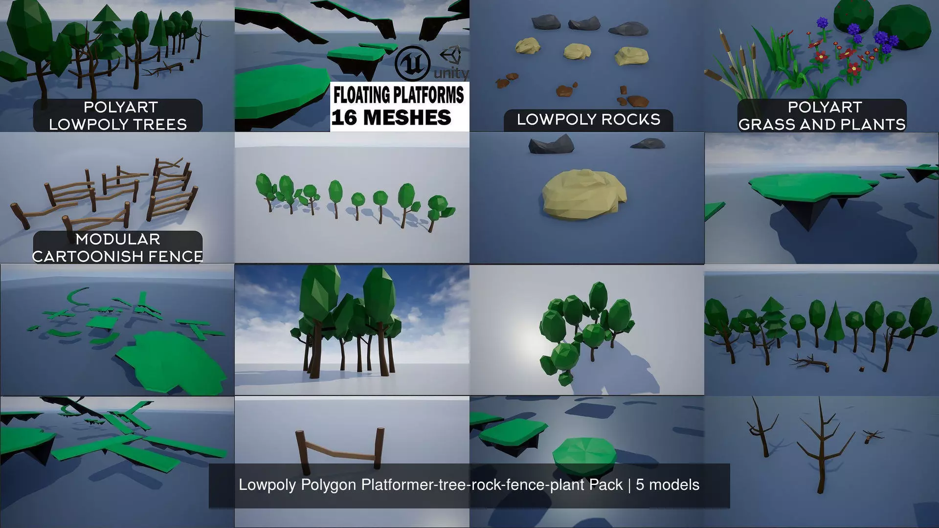 Lowpoly Polygon Platformer-tree-rock-fence-plant Pack 3D Model Collection_1
