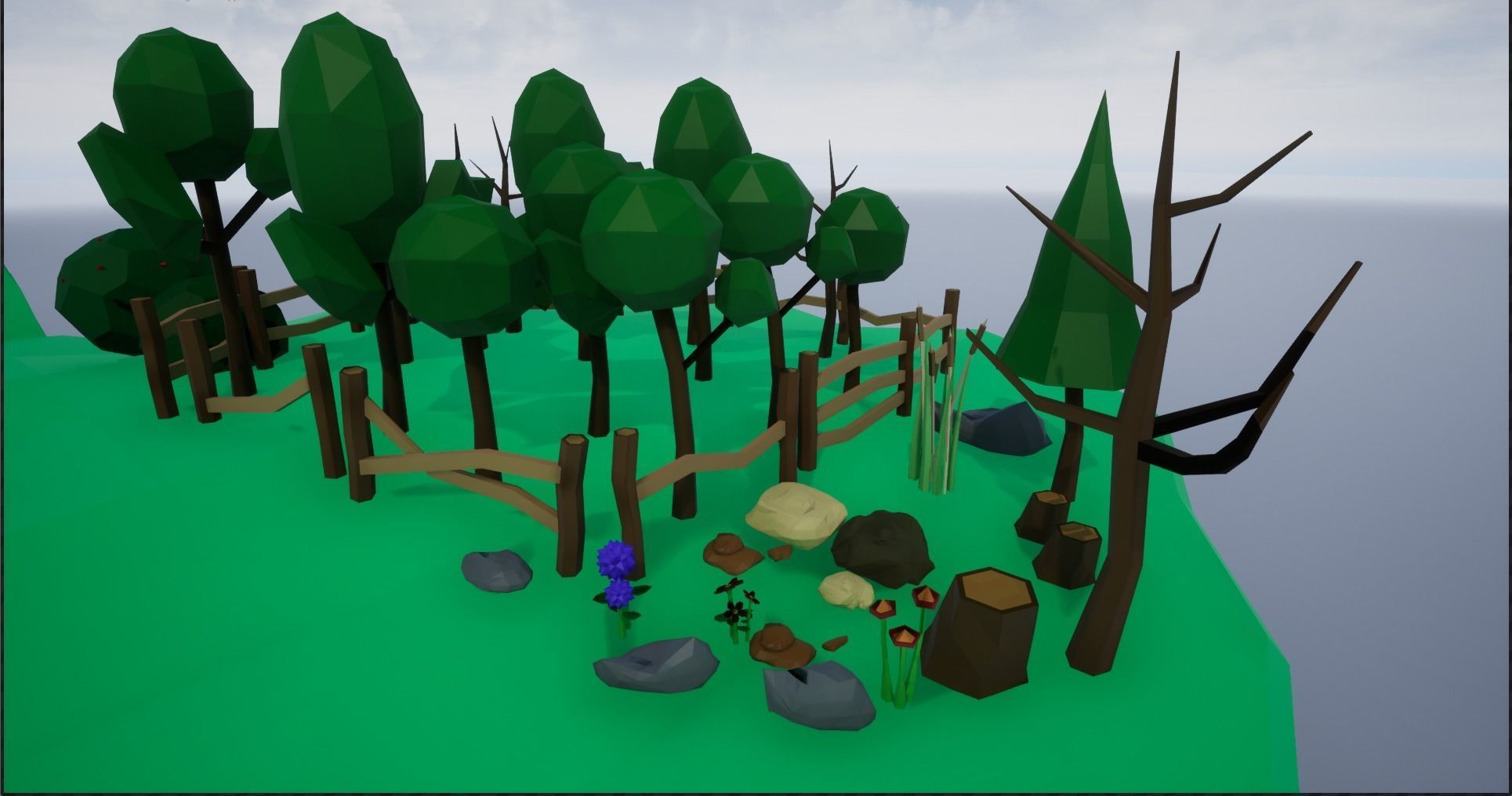 Lowpoly Polygon Platformer-tree-rock-fence-plant Pack 3D Model Collection_14