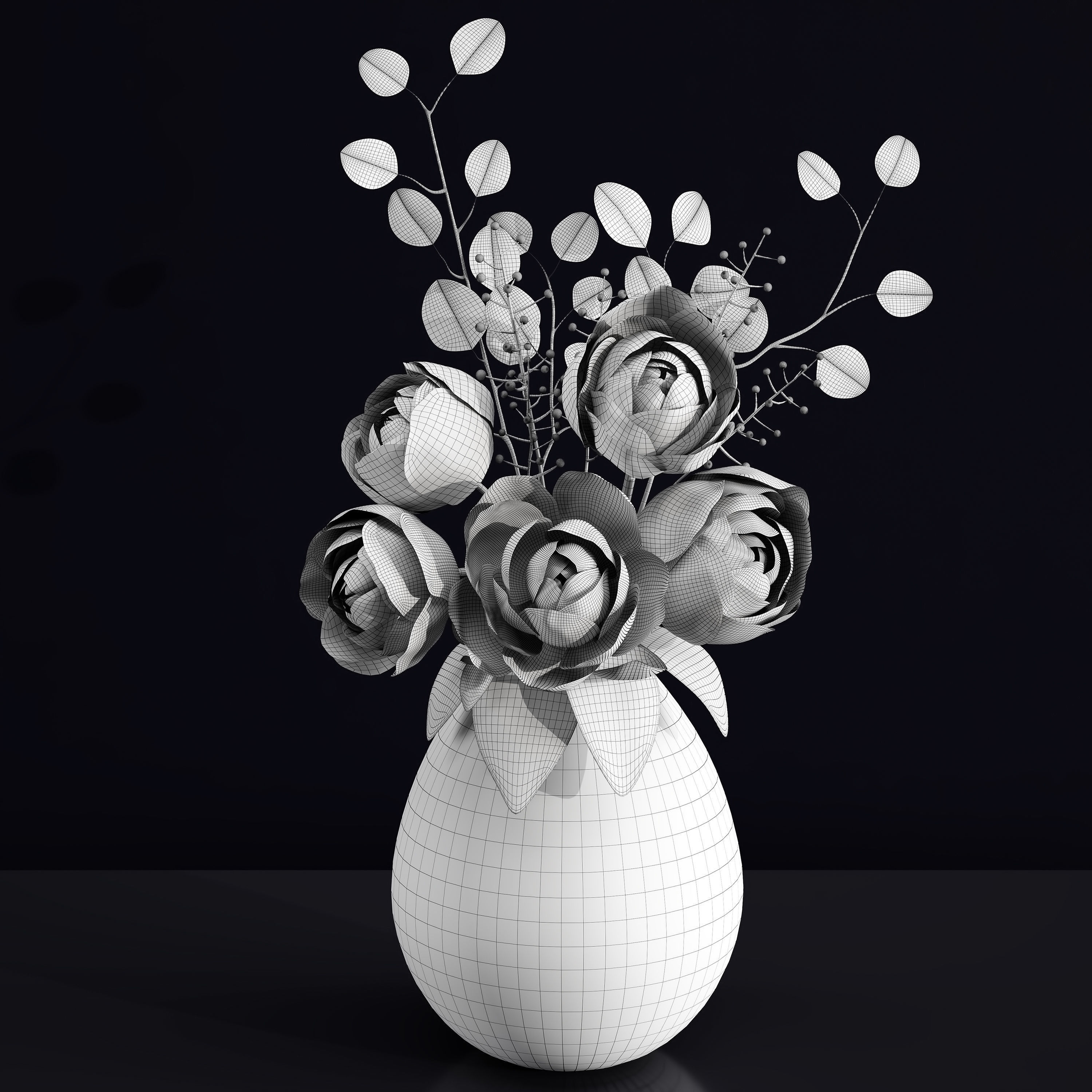 Decorative Bouquet of Peonies in Vase 3D model_5