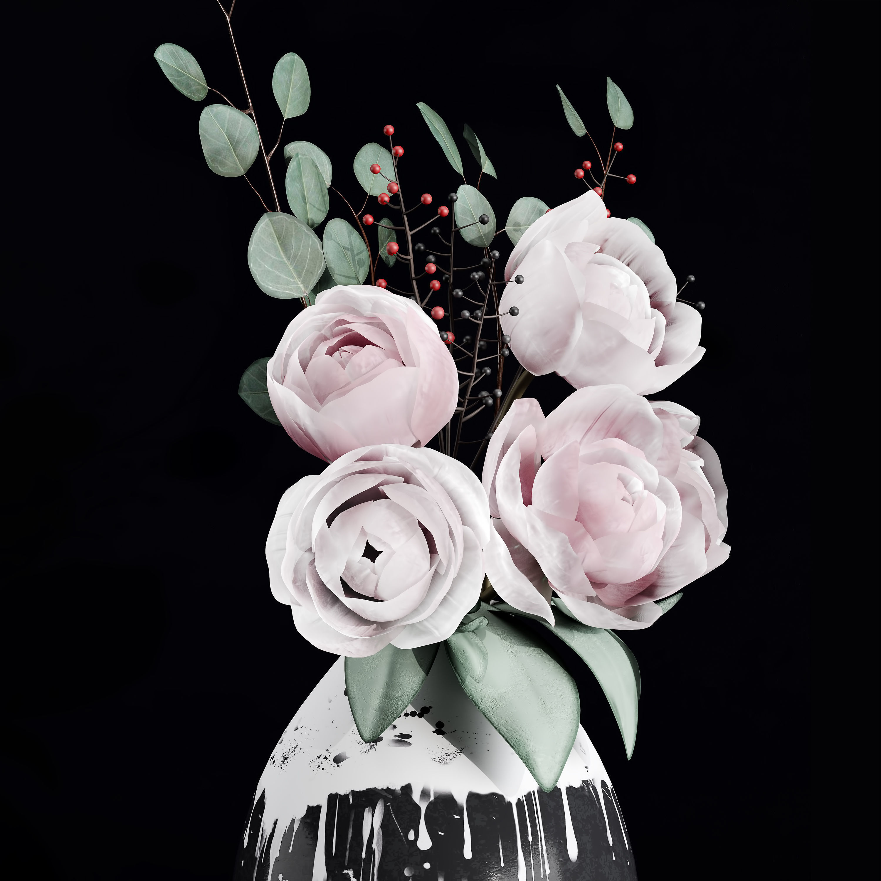 Decorative Bouquet of Peonies in Vase 3D model_2