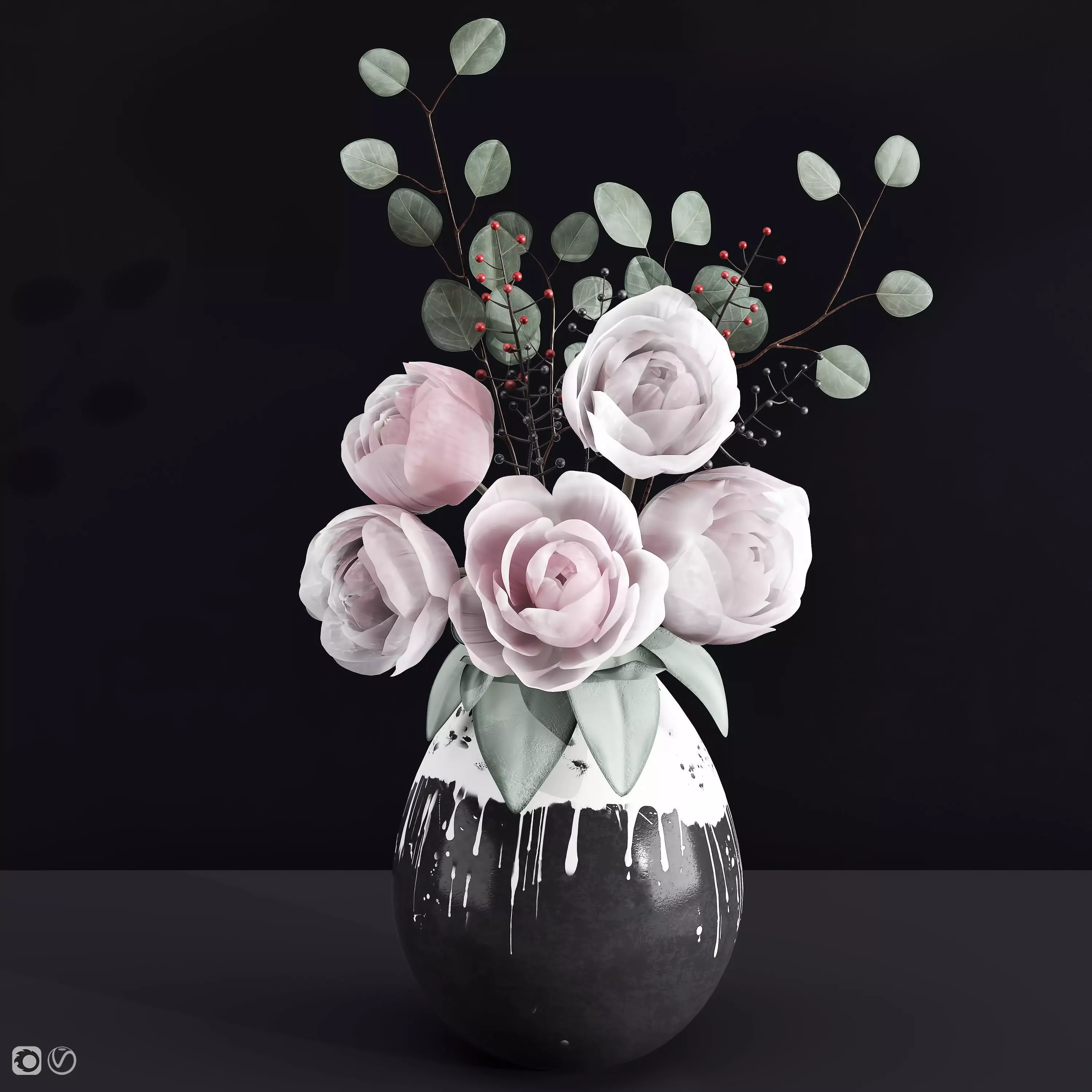 Decorative Bouquet of Peonies in Vase 3D model_0