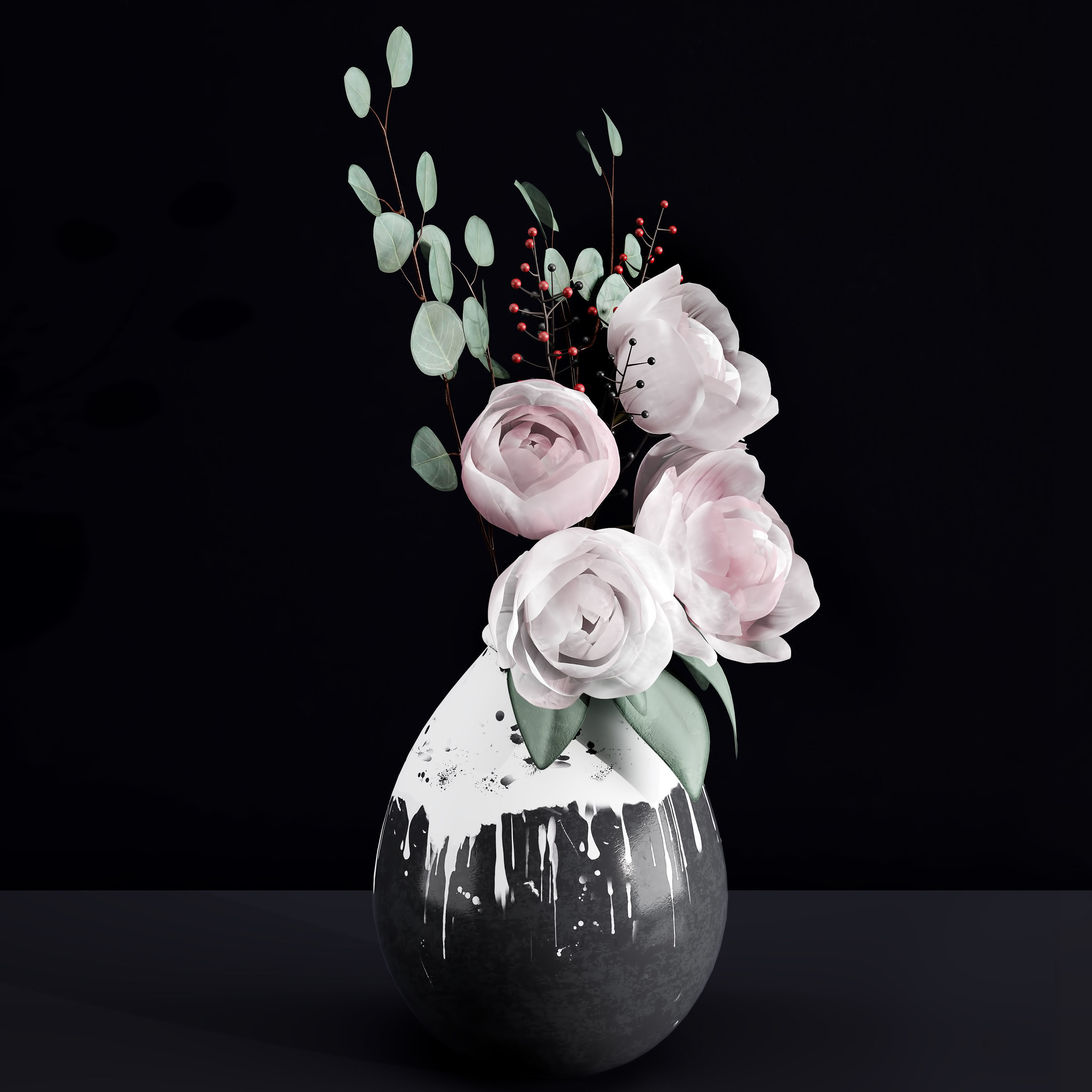 Decorative Bouquet of Peonies in Vase 3D model_3