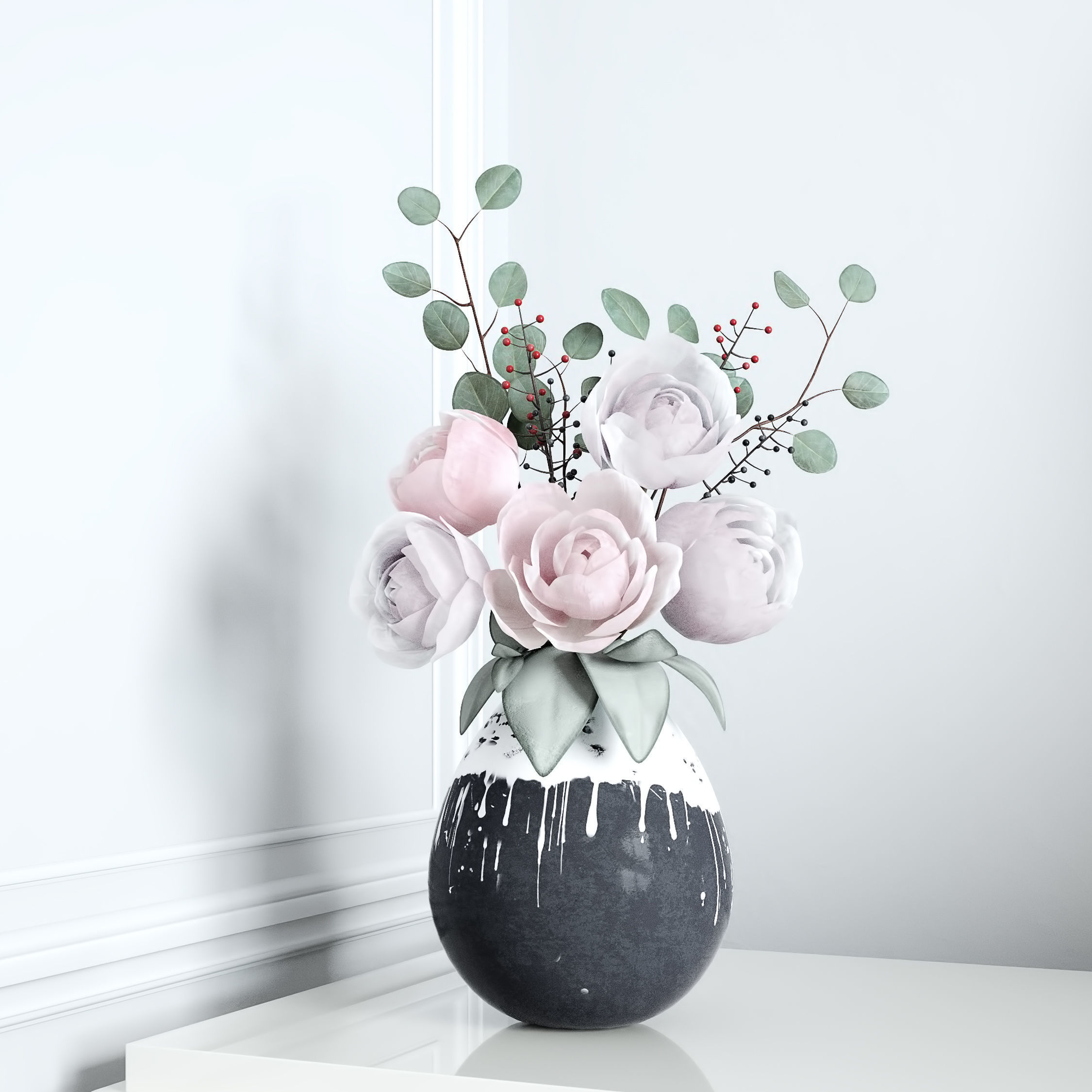 Decorative Bouquet of Peonies in Vase 3D model_4