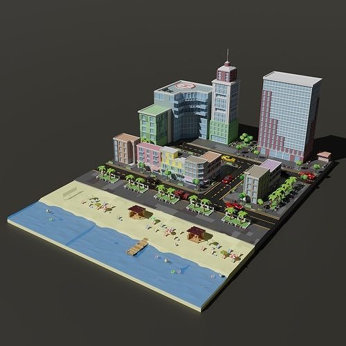 Low-poly city on beach Low-poly 3D model