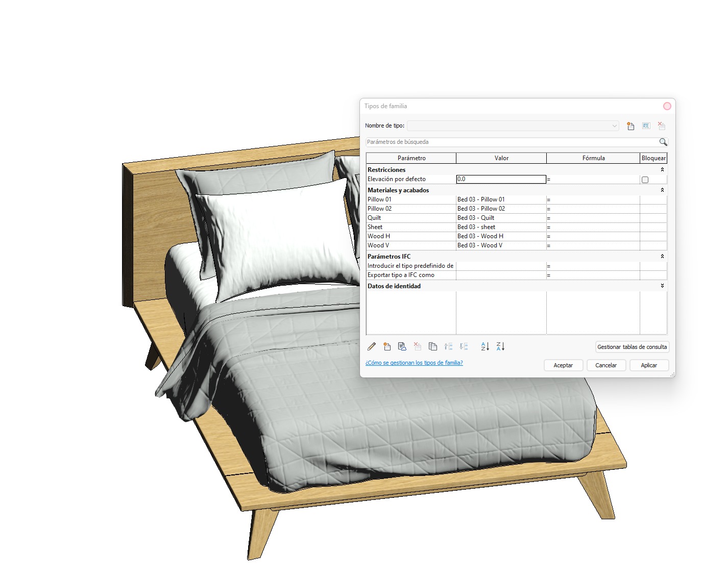 Bed Family for Revit Three sizes Full Queen and King wood 3D model_12
