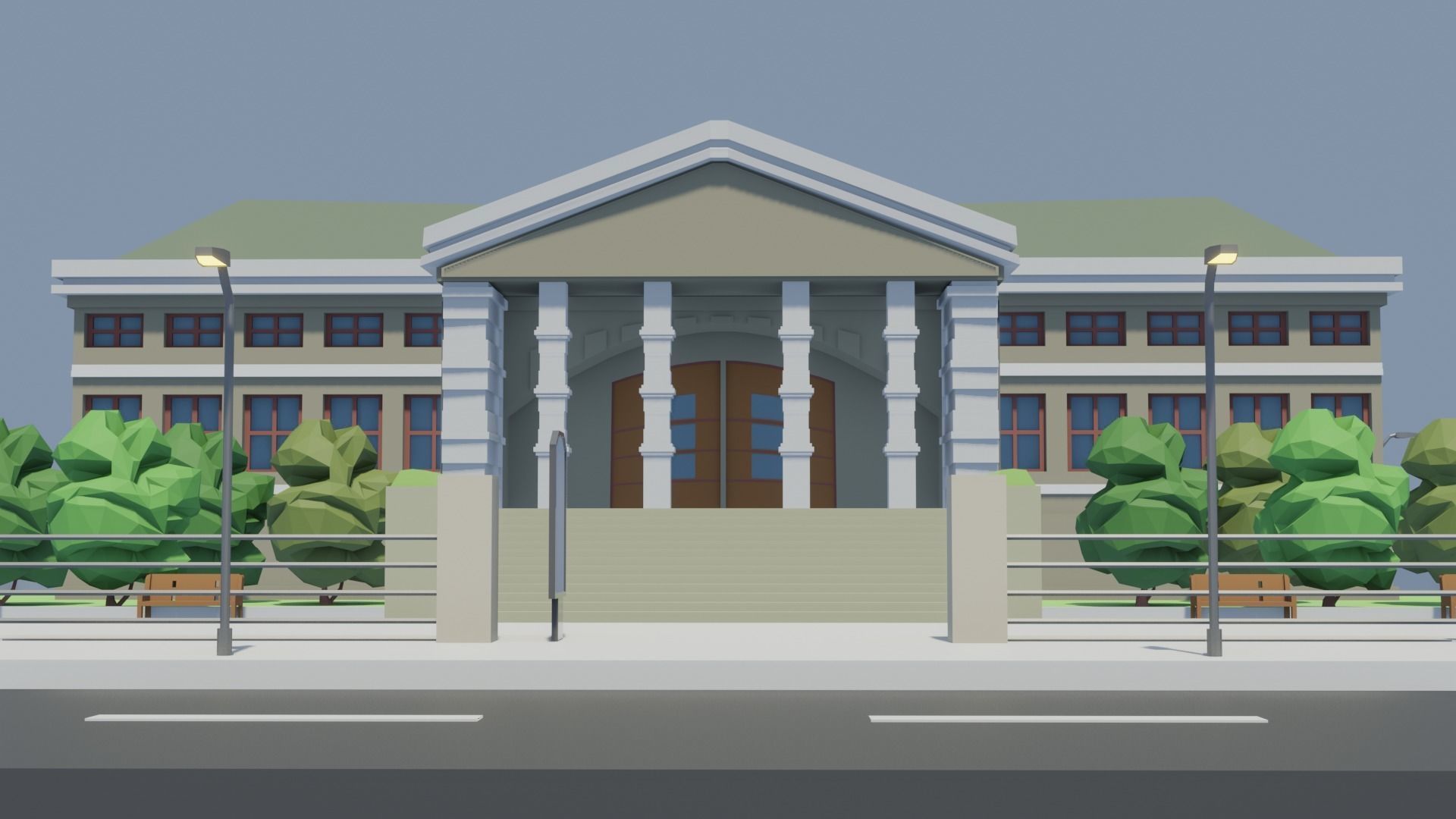 Low poly Museum house on street Low-poly 3D model_3