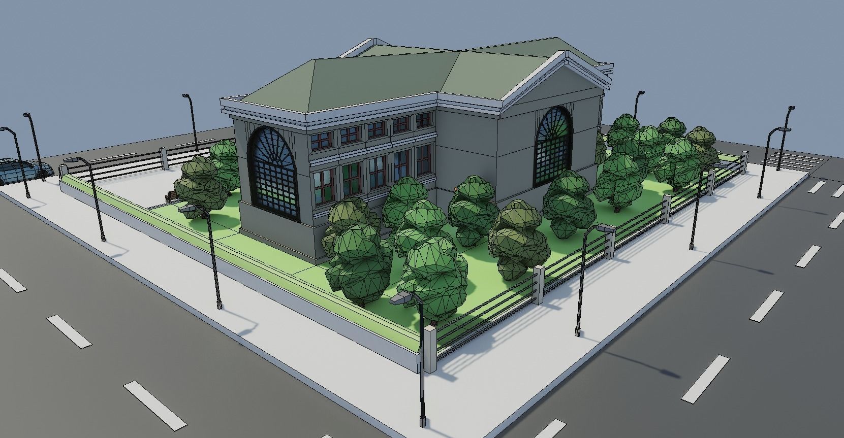 Low poly Museum house on street Low-poly 3D model_5