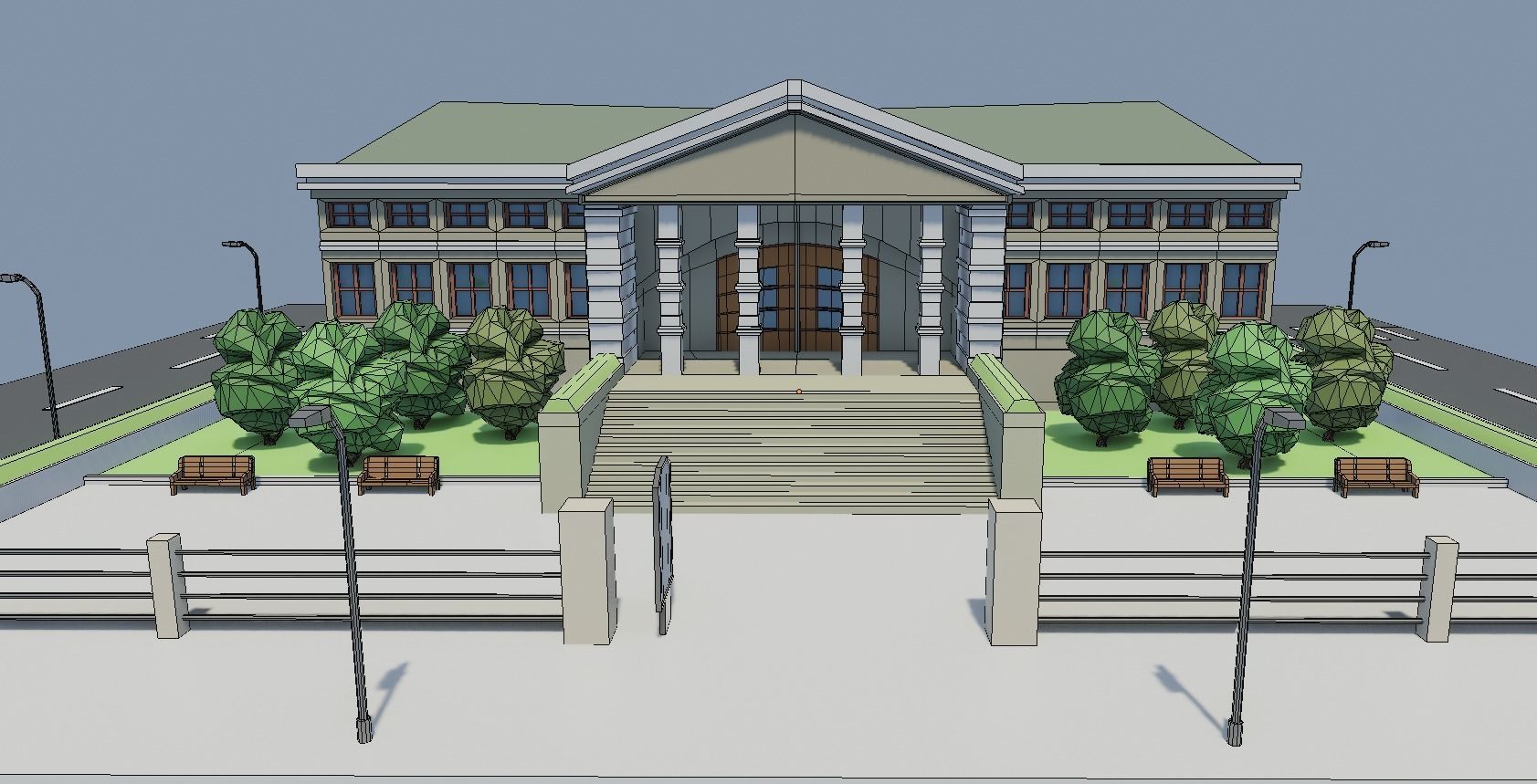 Low poly Museum house on street Low-poly 3D model_4