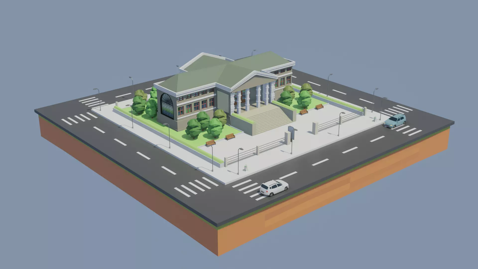 Low poly Museum house on street Low-poly 3D model_0