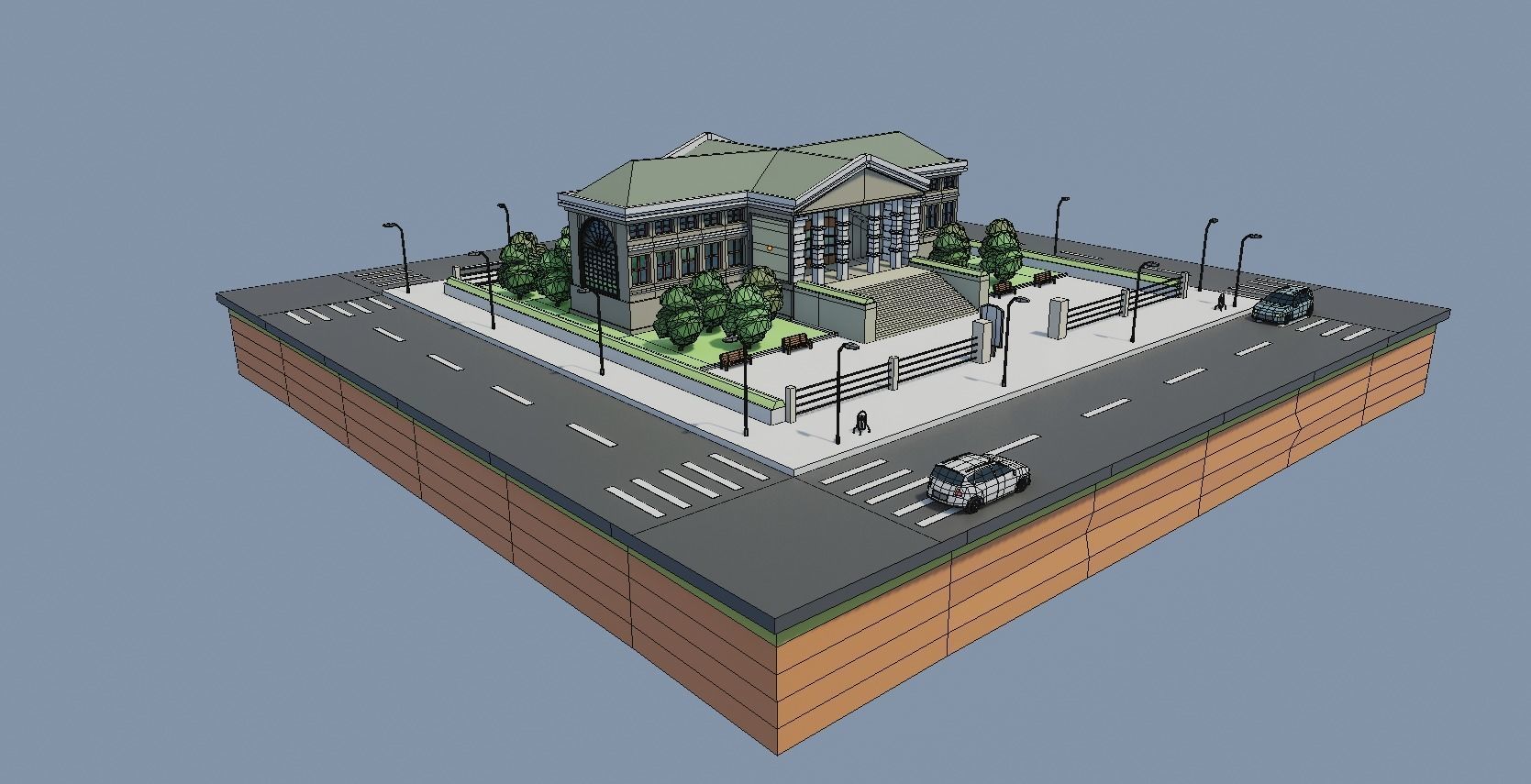 Low poly Museum house on street Low-poly 3D model_6