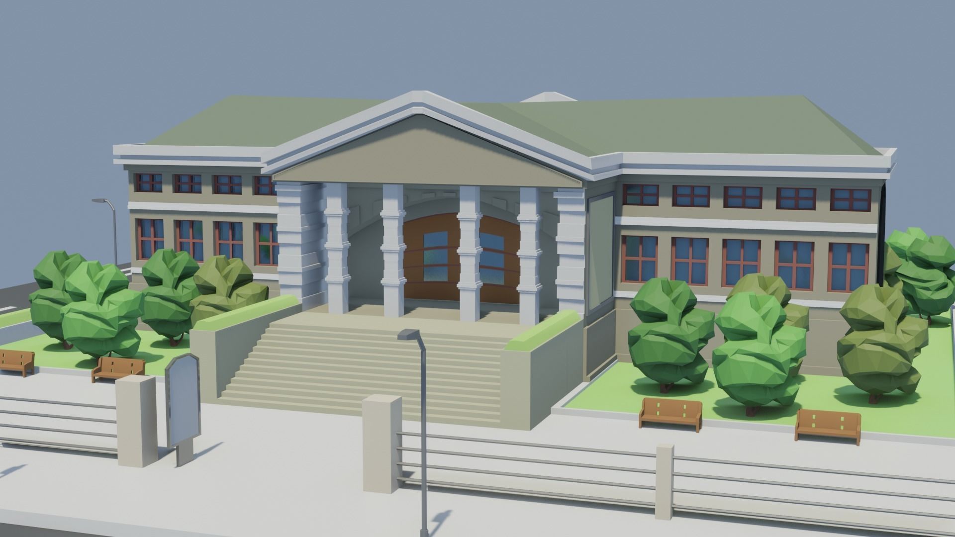 Low poly Museum house on street Low-poly 3D model_1