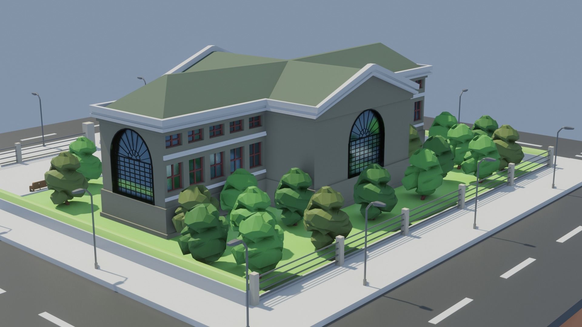 Low poly Museum house on street Low-poly 3D model_2
