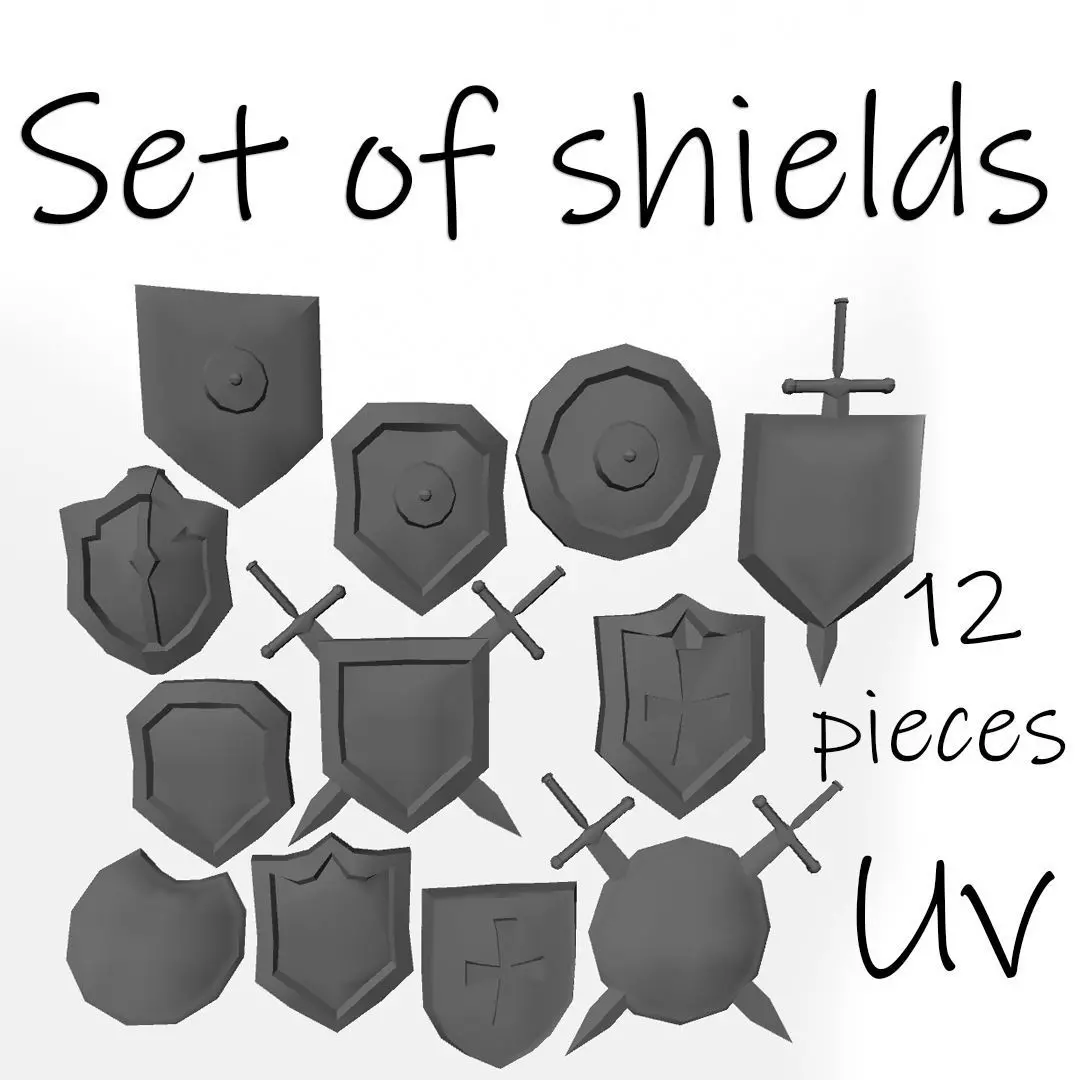 Collection of shields Lowpoly model 12 options UV Free low-poly 3D model