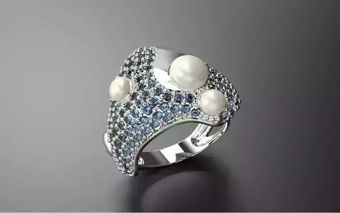 ring with gems and pearls 3D print model Sea ring 3D print model