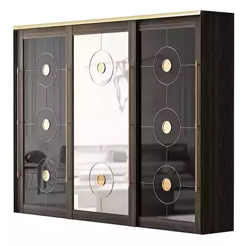 Wardrobe 3d model with glass doors and gold accents