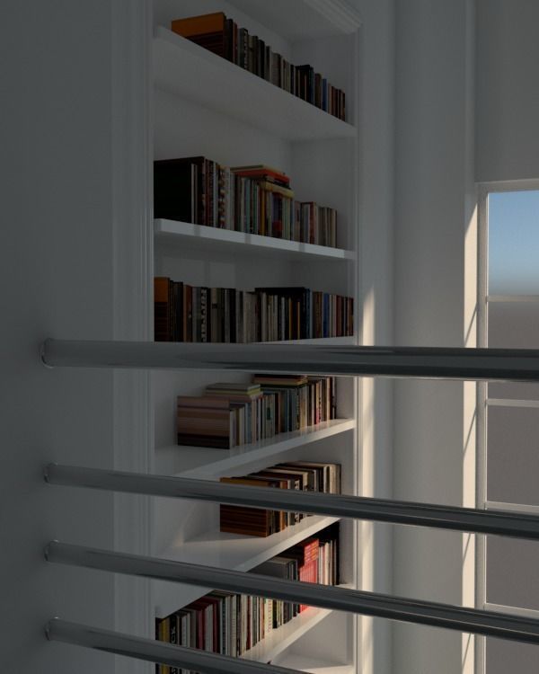 house room with bookshelves and chairs 3D model_2