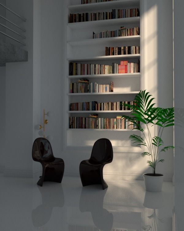 house room with bookshelves and chairs 3D model_1