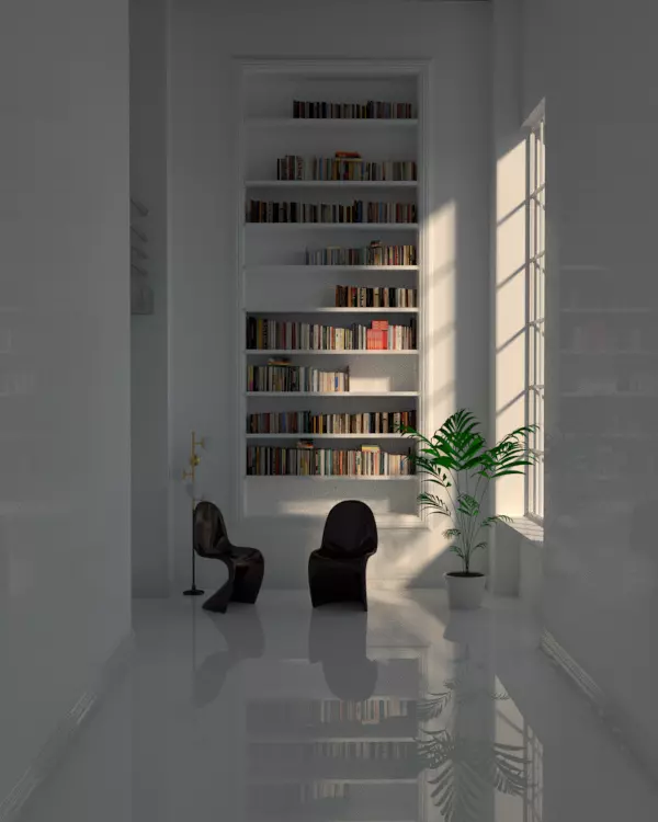 house room with bookshelves and chairs 3D model_0
