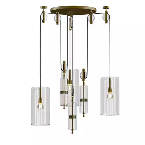 Untitled five light chandelier in brass with clear glass cylinders