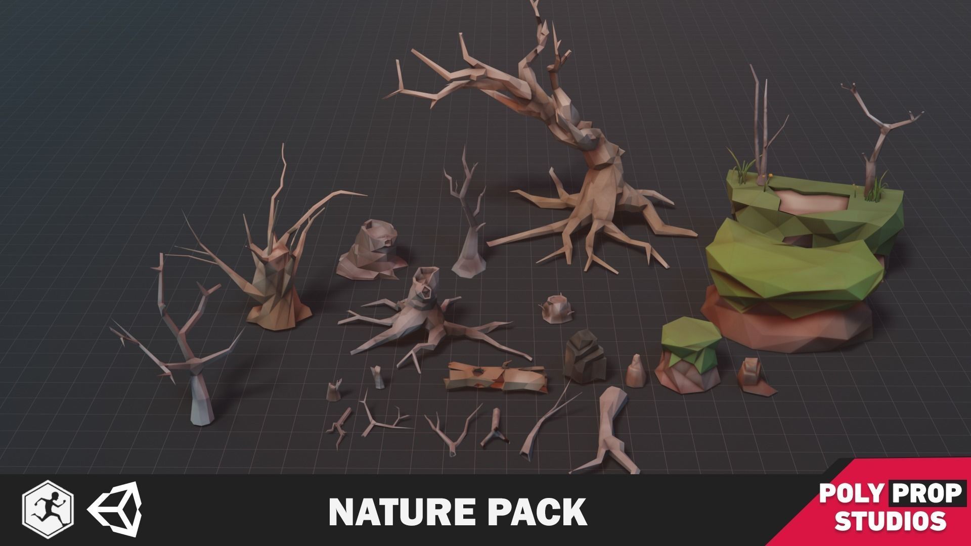 Nature Pack Low Poly Cartoon Trees Grass Plants and Rocks Low-poly 3D model_1