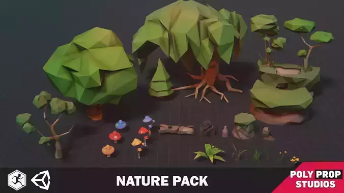 Nature Pack Low Poly Cartoon Trees Grass Plants and Rocks Low-poly 3D model