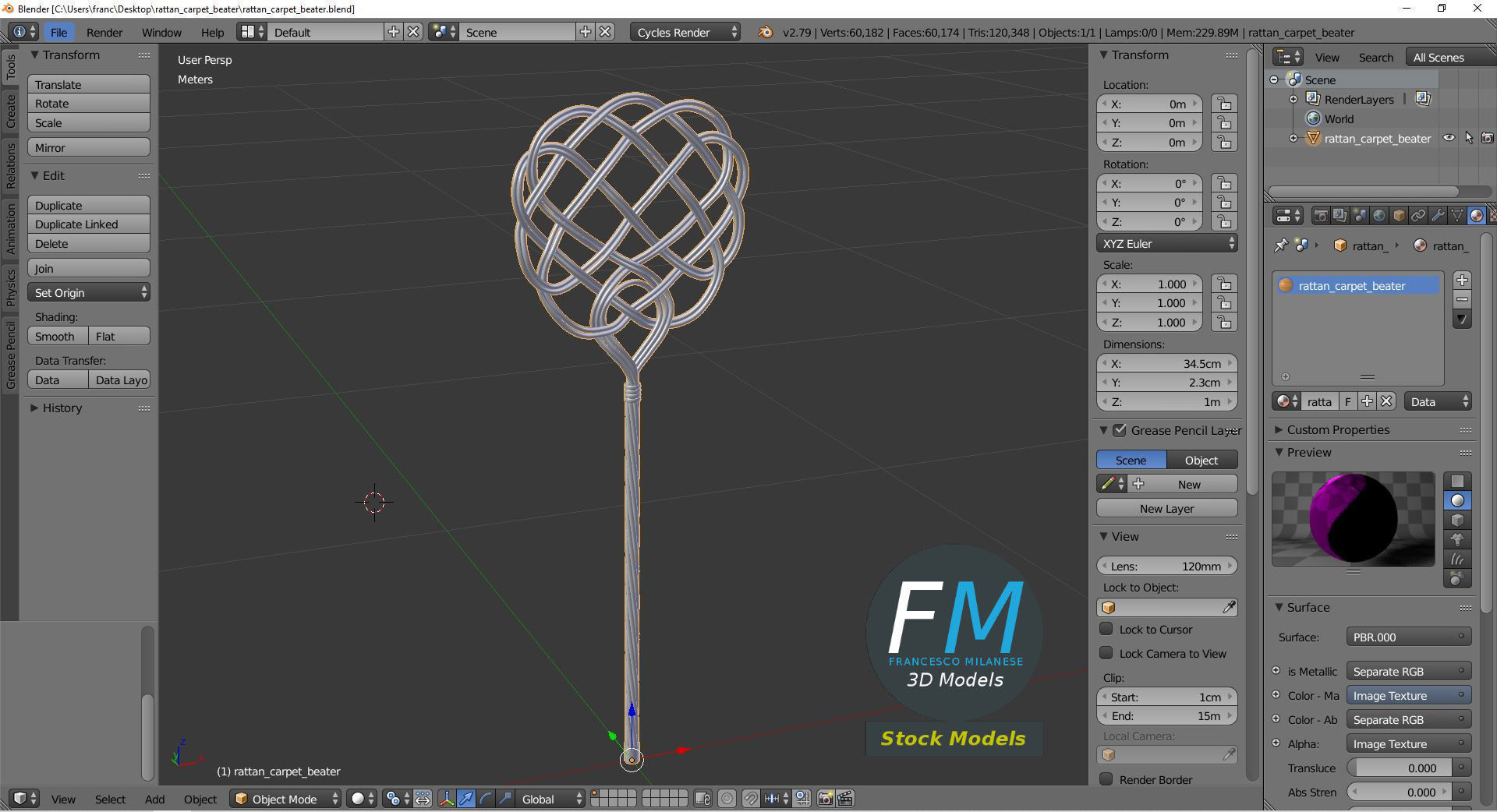 Rattan carpet beater 3D model_9