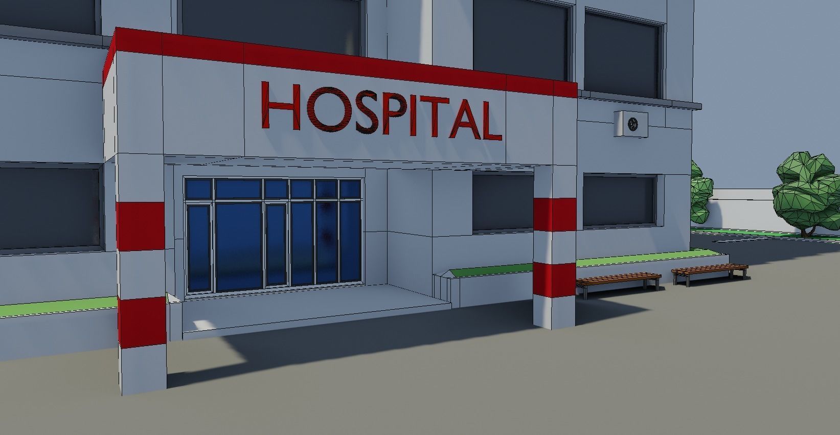 Low poly Hospital building with car Low-poly 3D model_1