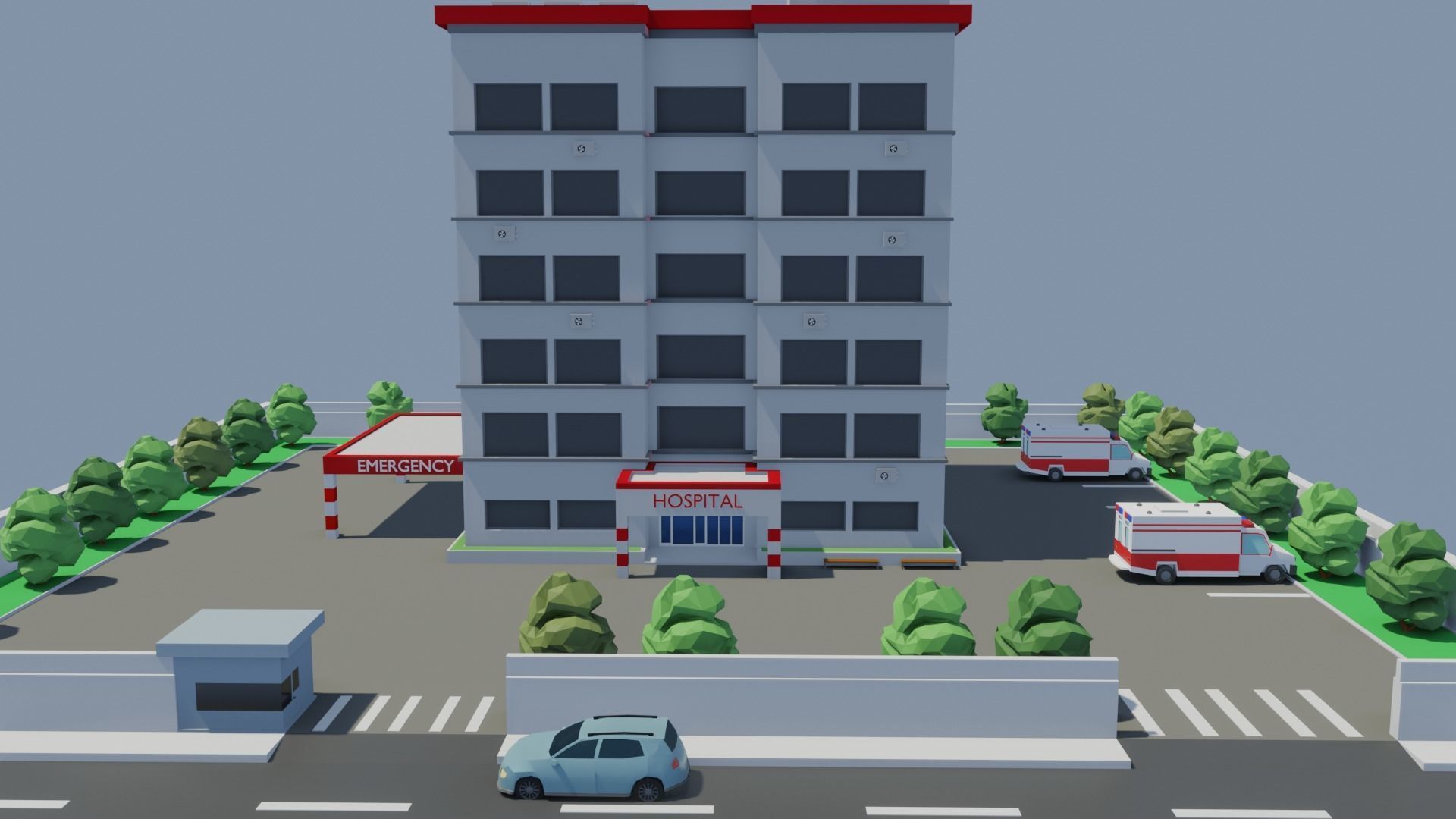 Low poly Hospital building with car Low-poly 3D model_4
