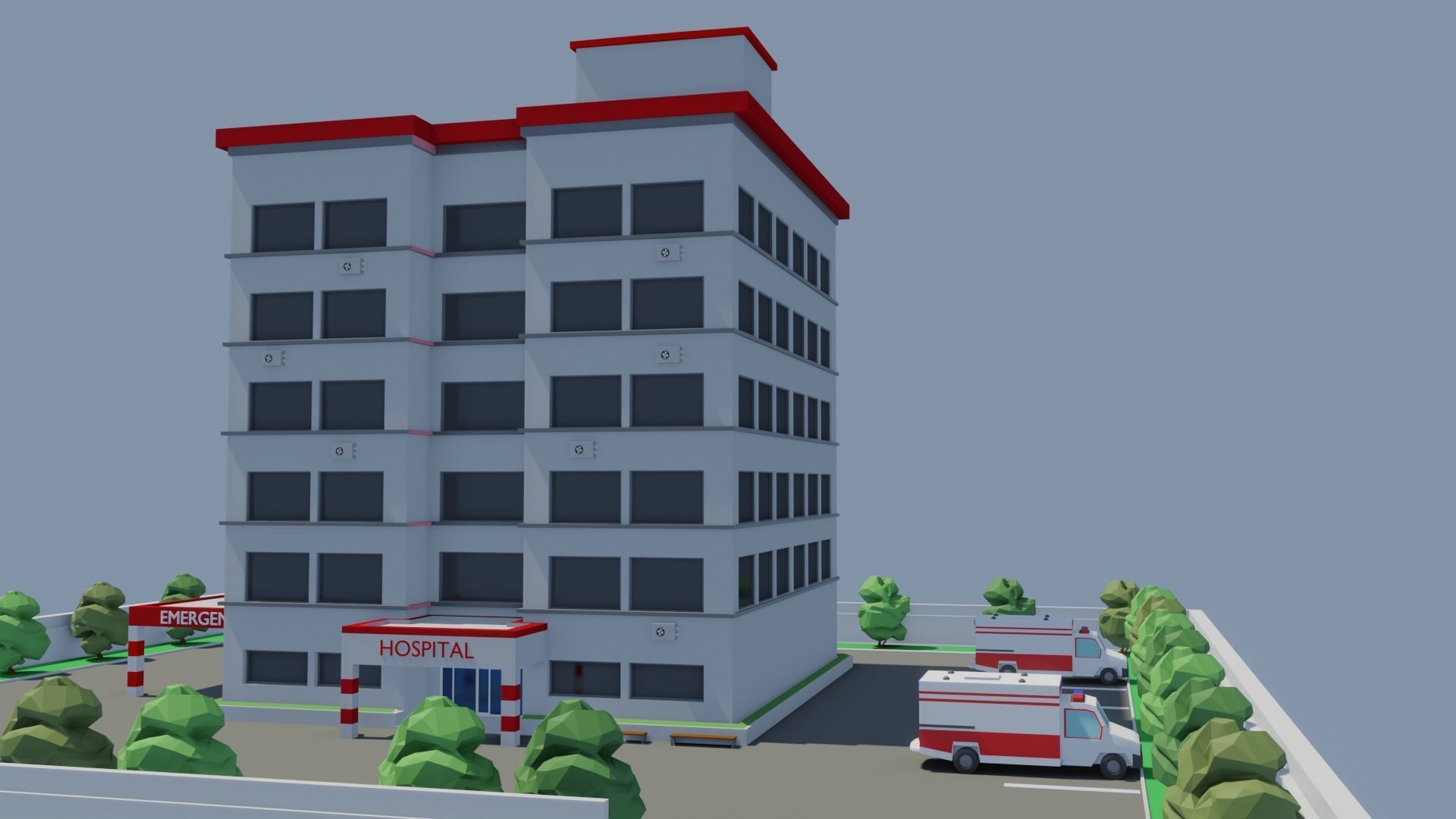 Low poly Hospital building with car Low-poly 3D model_3