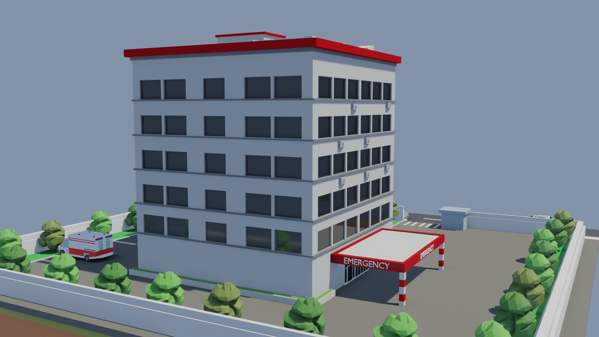Low poly Hospital building with car Low-poly 3D model_5