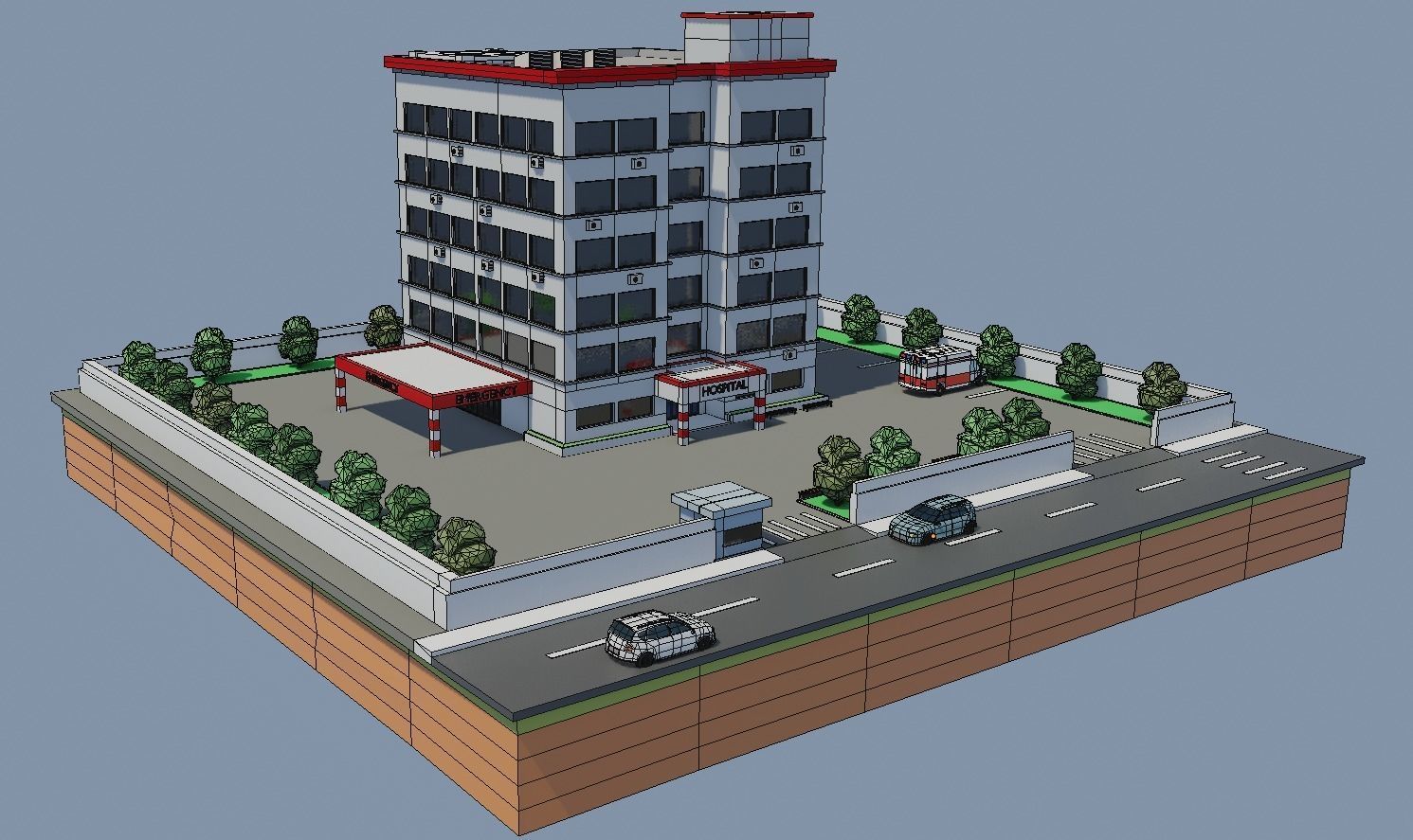 Low poly Hospital building with car Low-poly 3D model_7