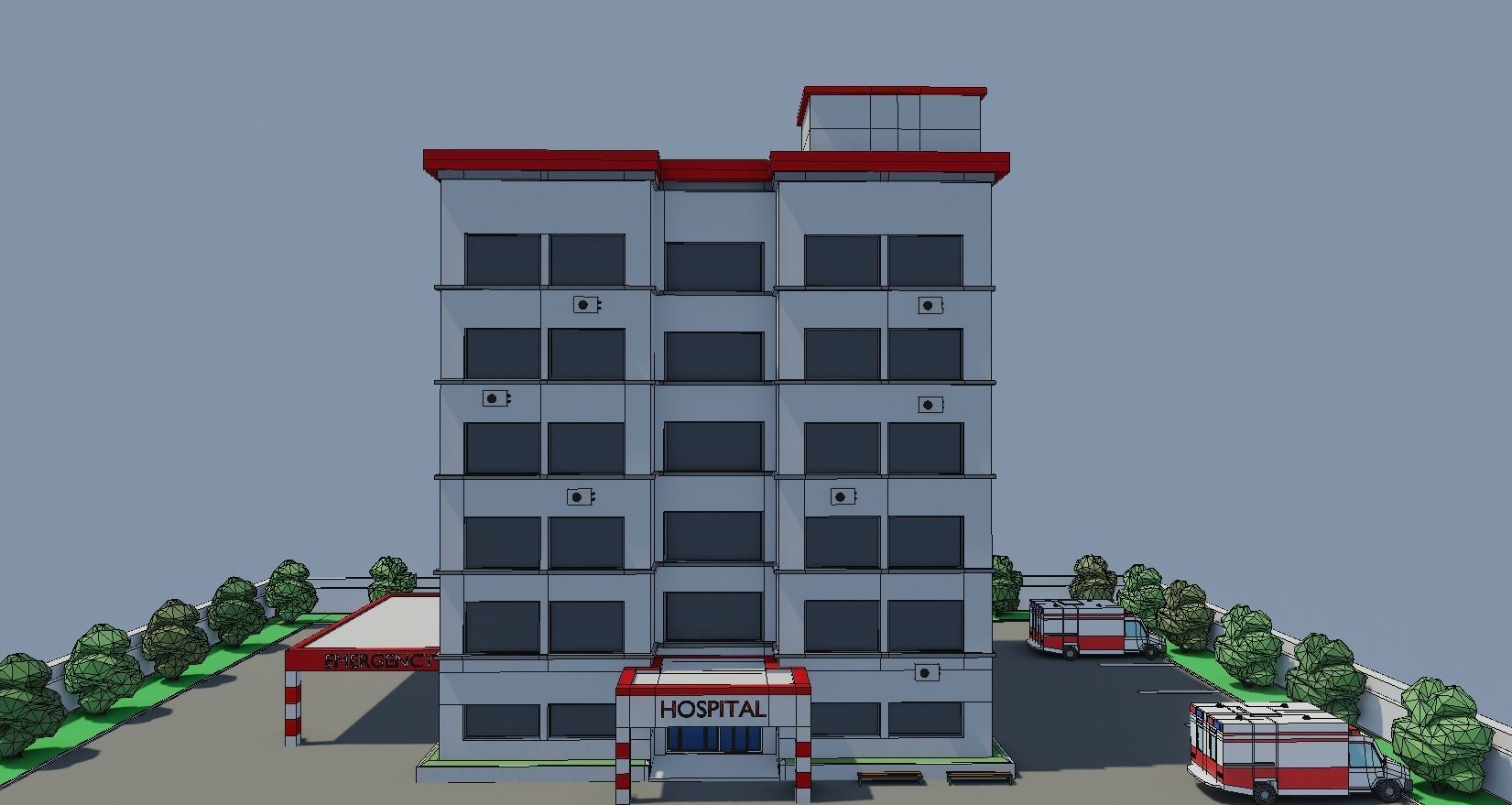 Low poly Hospital building with car Low-poly 3D model_8