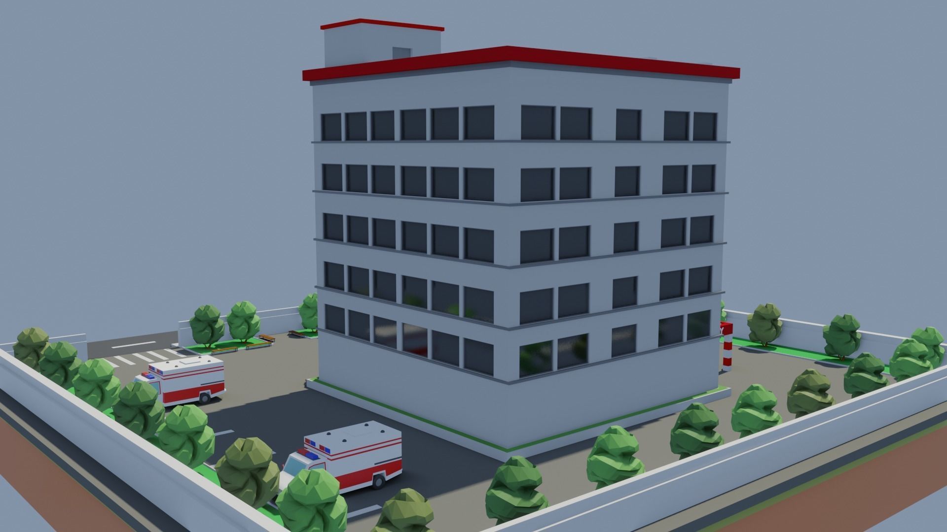 Low poly Hospital building with car Low-poly 3D model_6