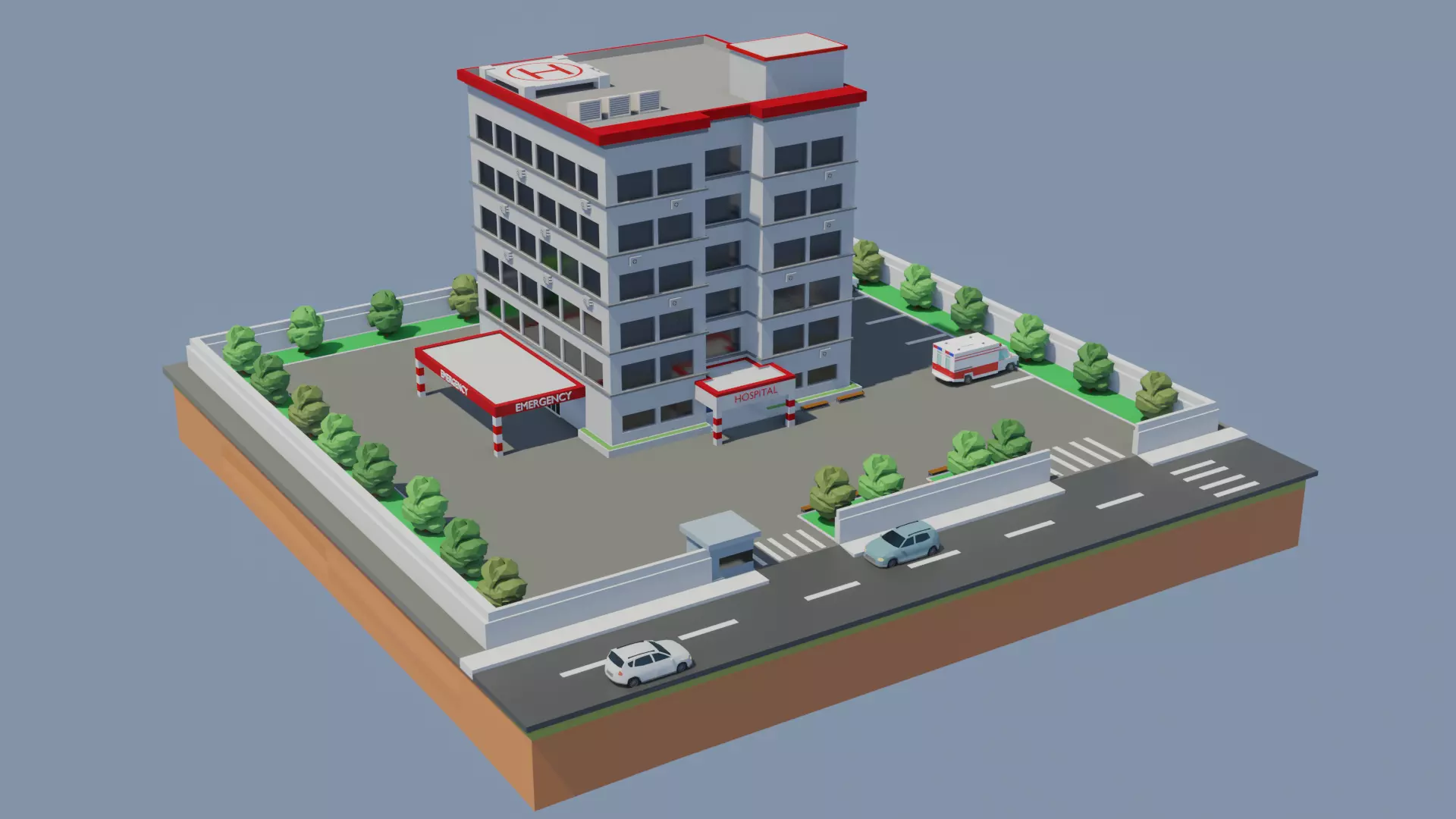 Low poly Hospital building with car Low-poly 3D model_0