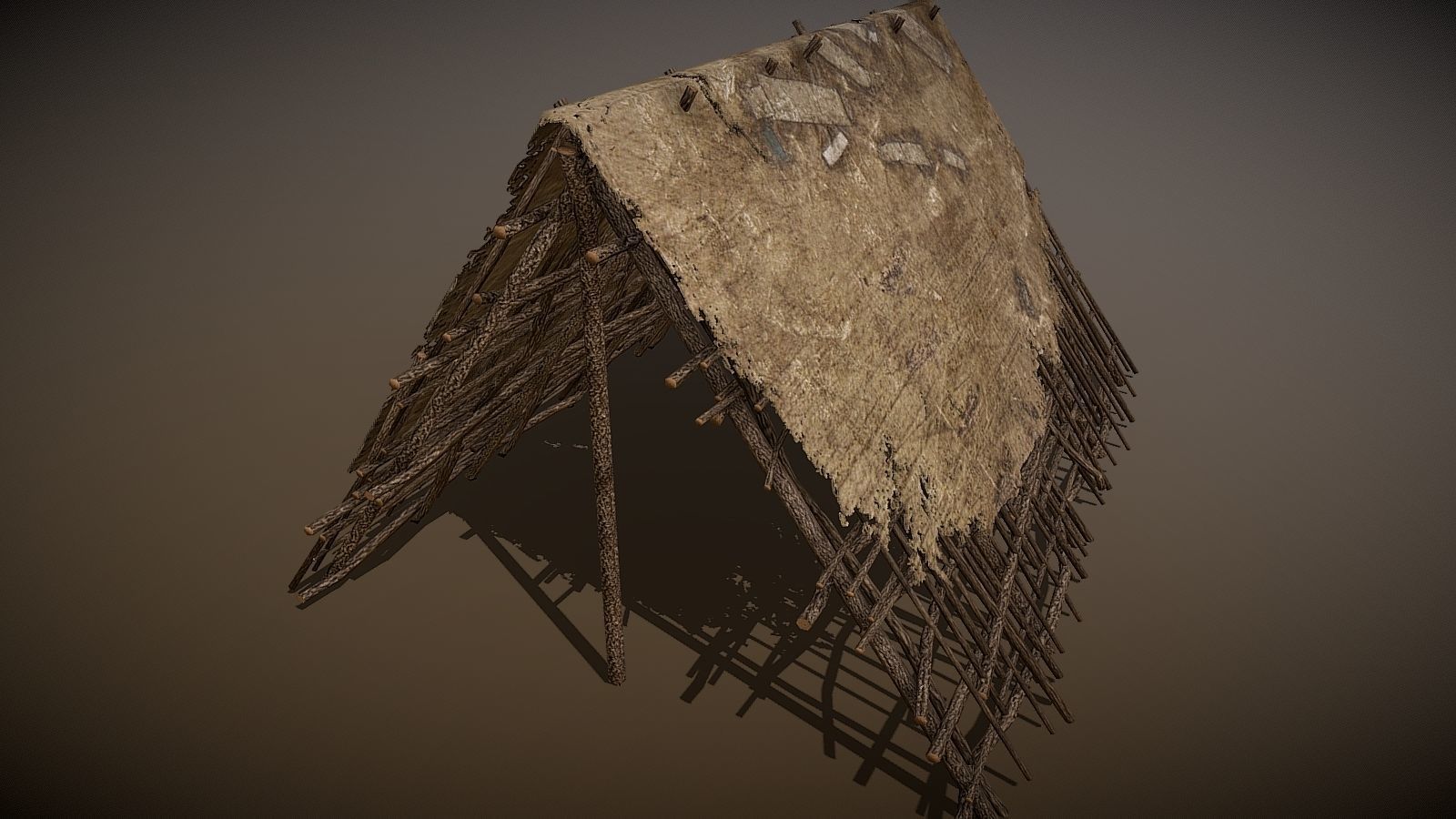 HQ Old Wooden Shelter Made of Branches Low-poly 3D model