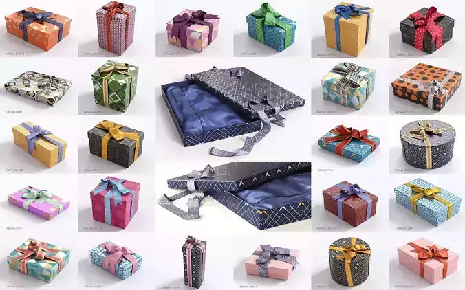 25 unique gift boxes with ribbons 3D Model Collection