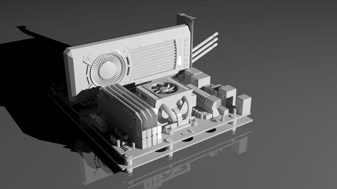 Full motherboard with CPU heatsink GPU RAM and more 3D model_1
