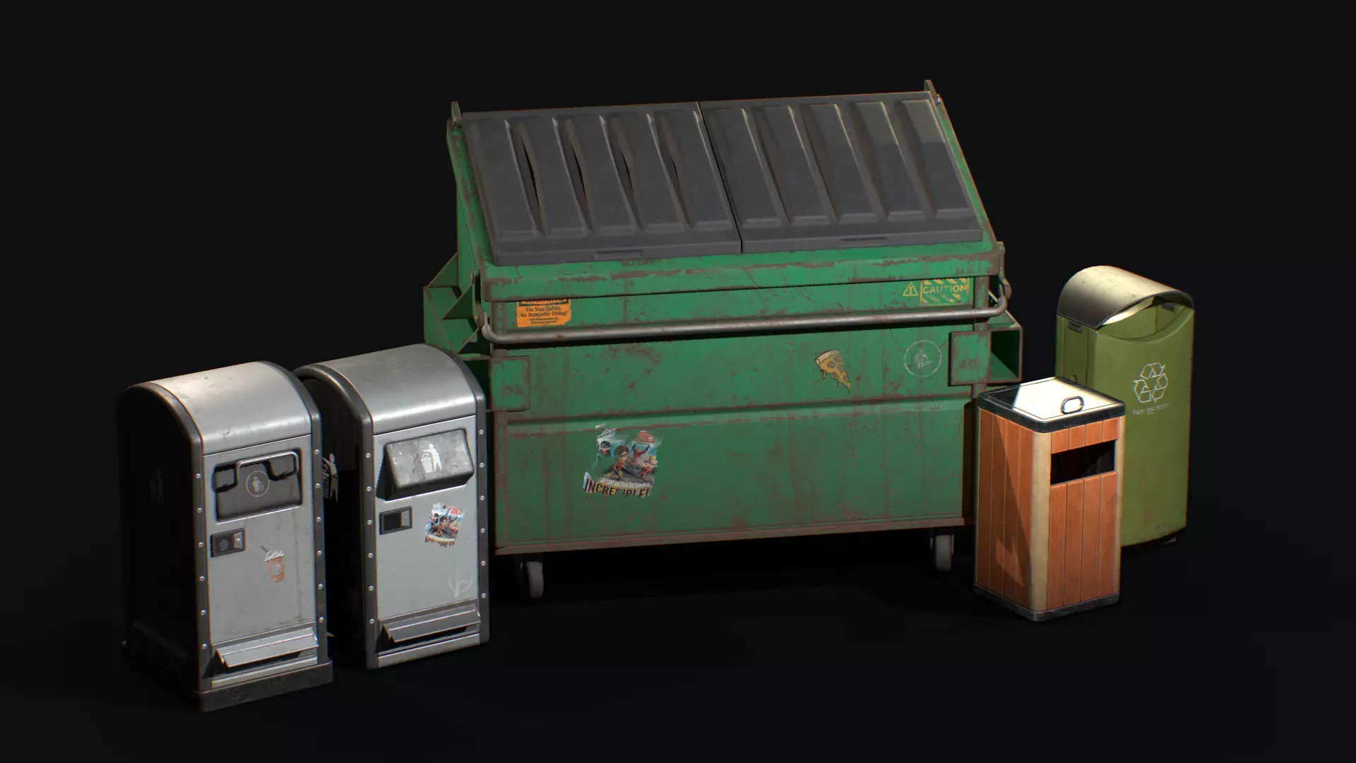 Dustbin and Dumpster Low-poly 3D model