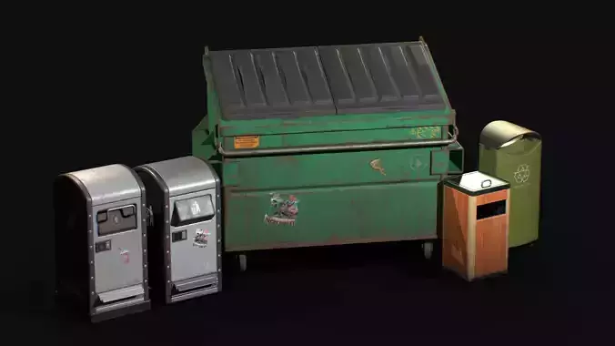 Dustbin and Dumpster Low-poly 3D model
