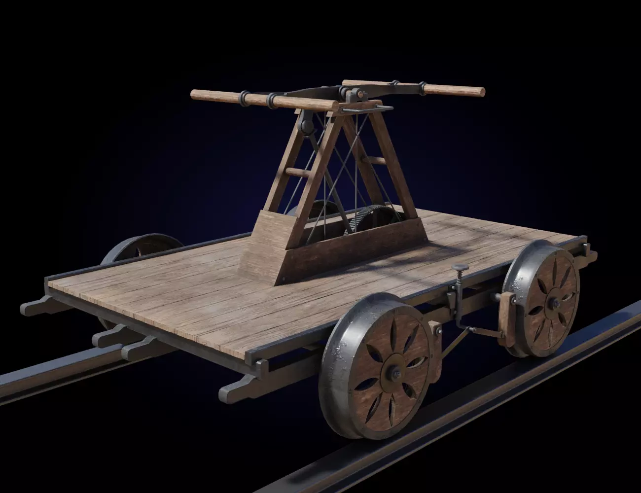 Old wooden handcar Low-poly 3D model