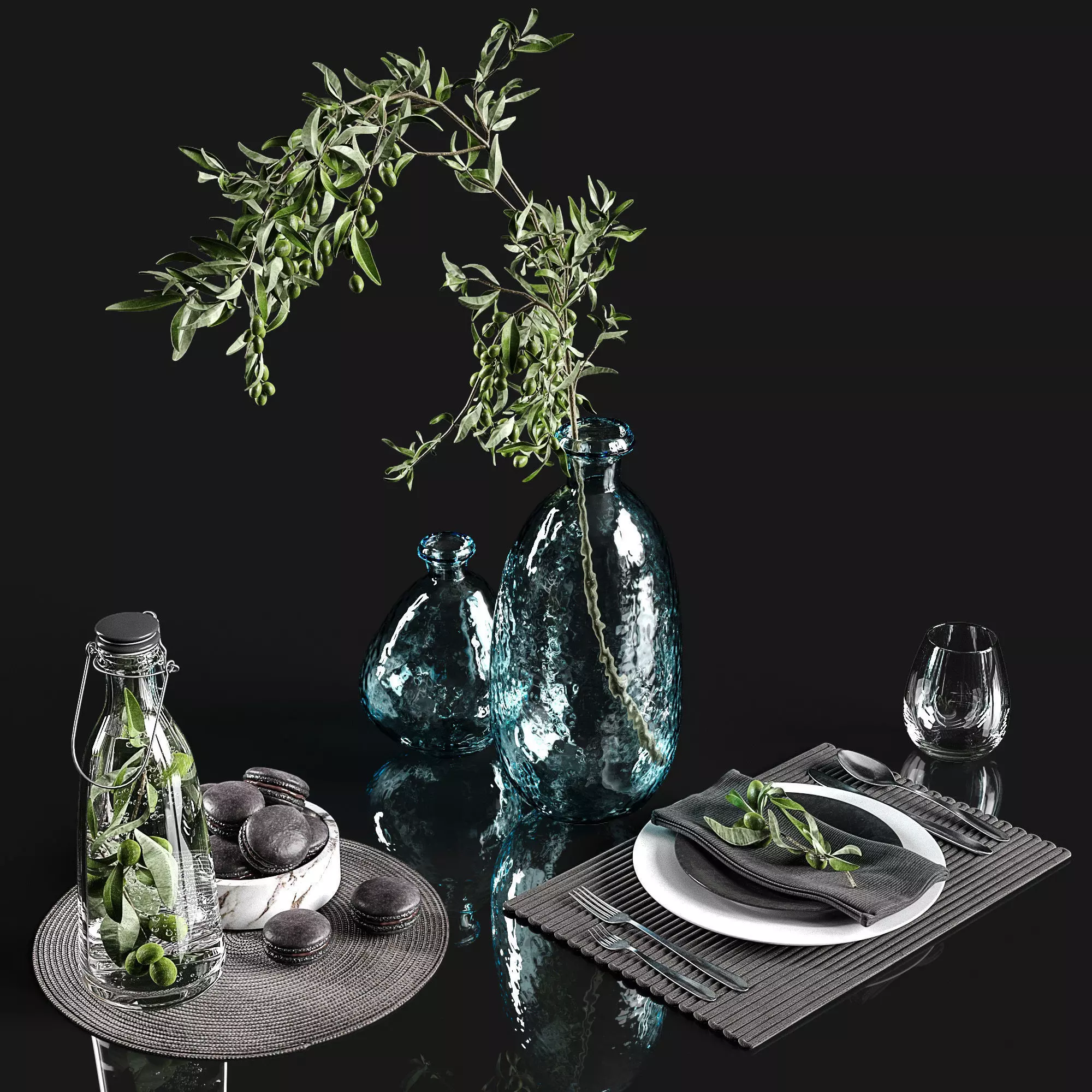 Table settings with olive branch 3D model_0