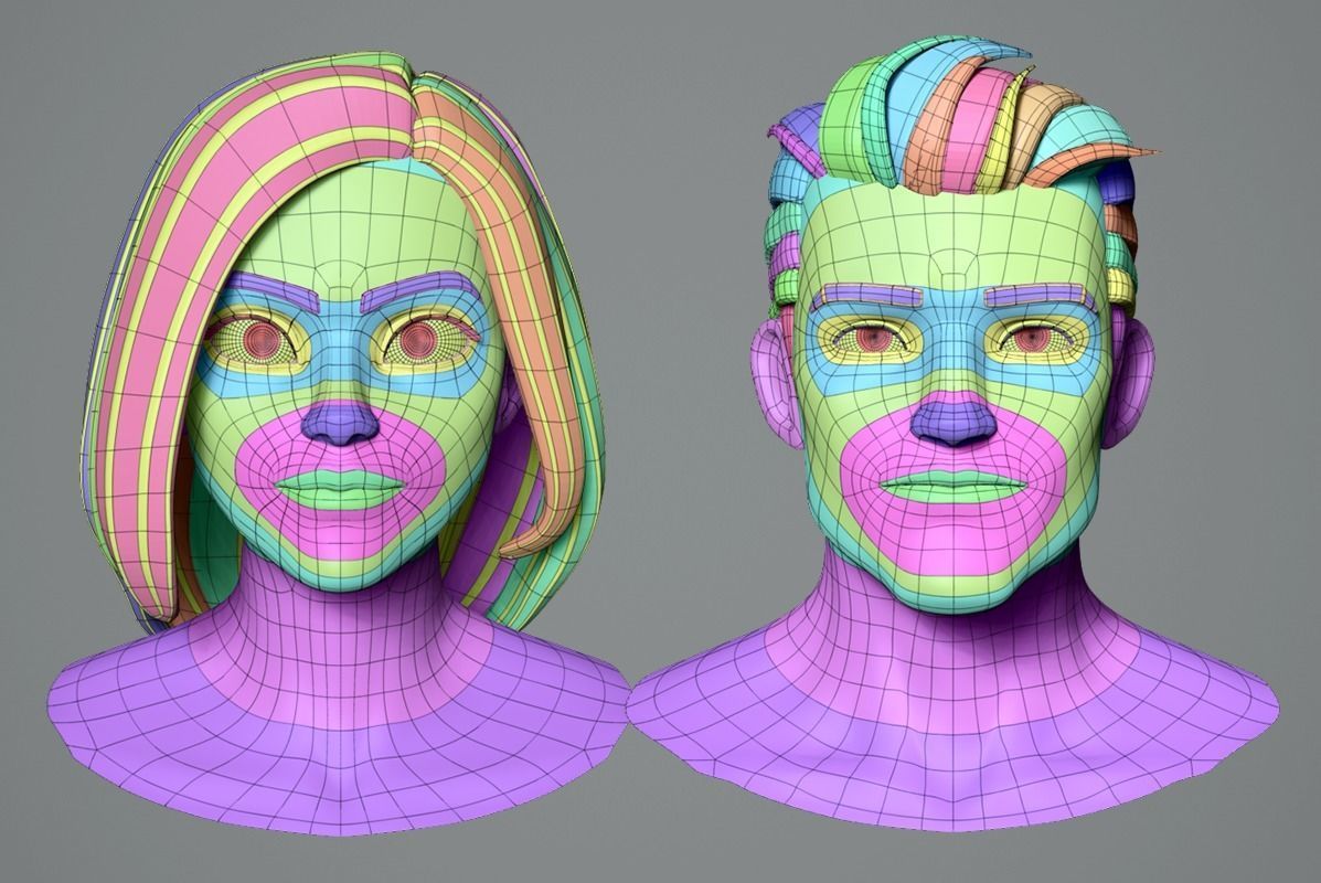 Male and female cartoon characters base mesh 3D model_2