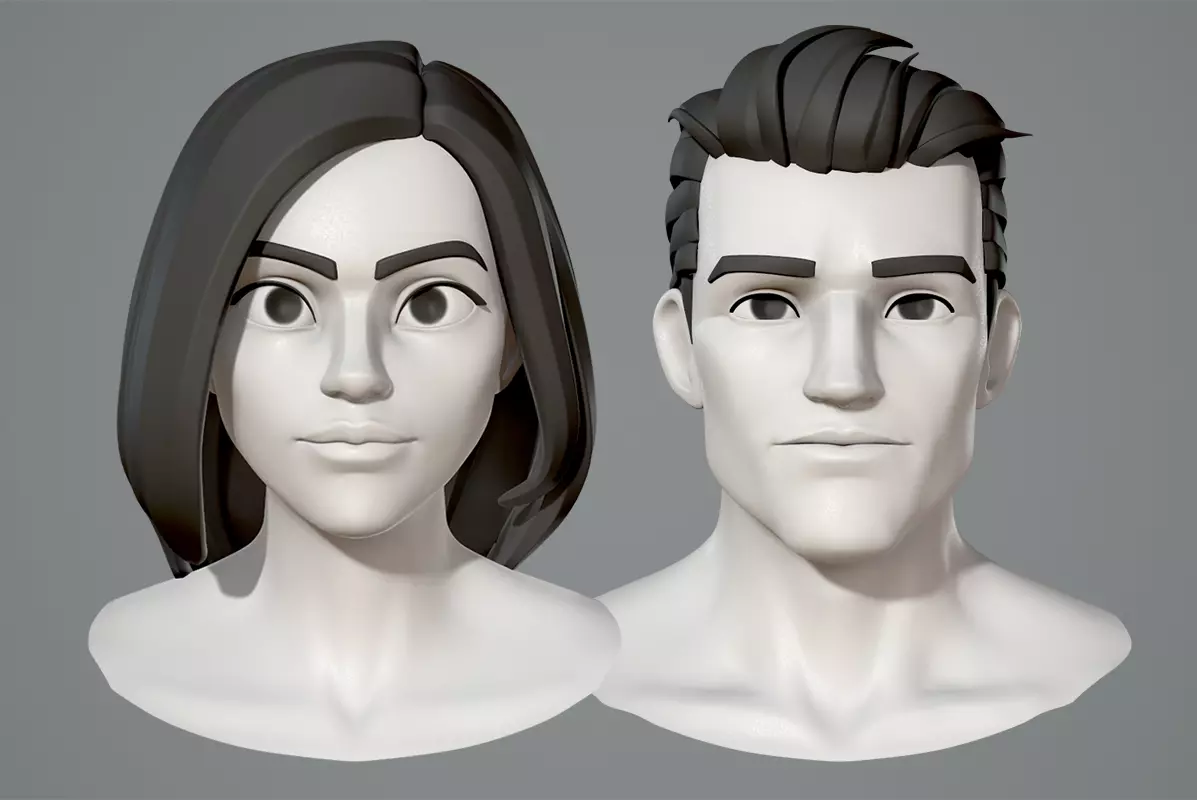 Male and female cartoon characters base mesh 3D model_0