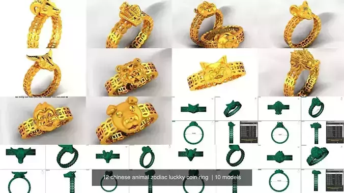 12 chinese animal zodiac luckky coin ring  3D Model Collection
